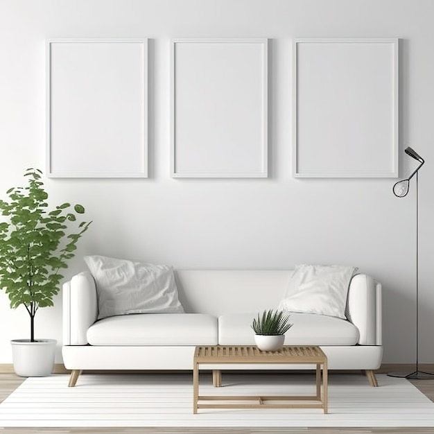 A living room with three pictures on the wall and a plant on the floor.