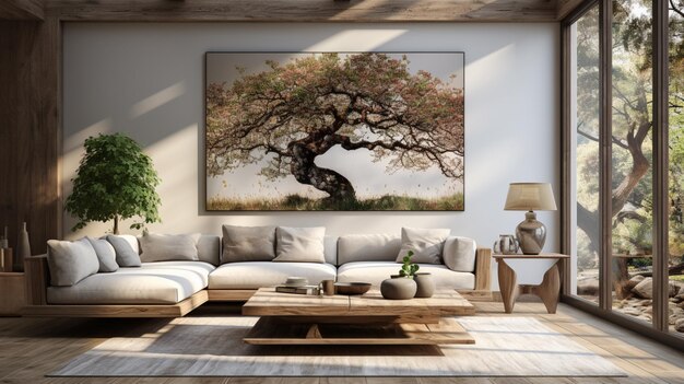 A living room with a tree on the wall and a coffee table