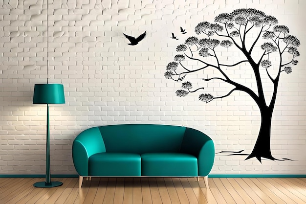 A living room with a tree and a wall with a bird flying above it