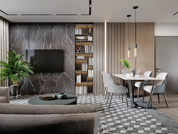 Photo living room with tv on a black marble wall with dining table and decorative wood planks