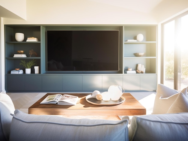 A living room with a tv and a book shelf that says " home ".