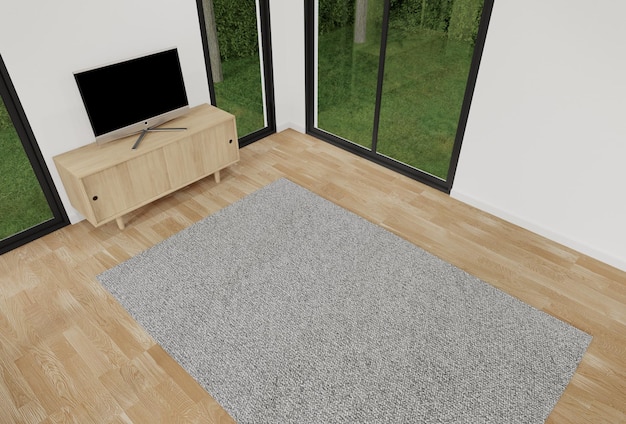 Living room with tv and cabinet on wooden floor top view .3d\
rendering of residential home interior