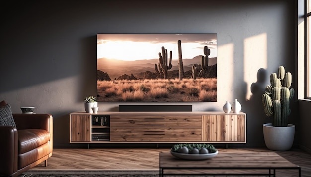 A living room with a tv and a cactus on the wall.