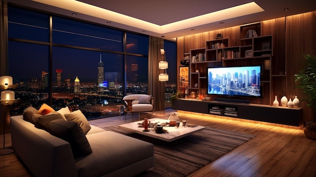 A living room with a tv and a city view