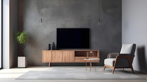 A living room with a tv and a couch with a chair and a table with a lamp.