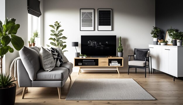 A living room with a tv and a couch with pillows on it