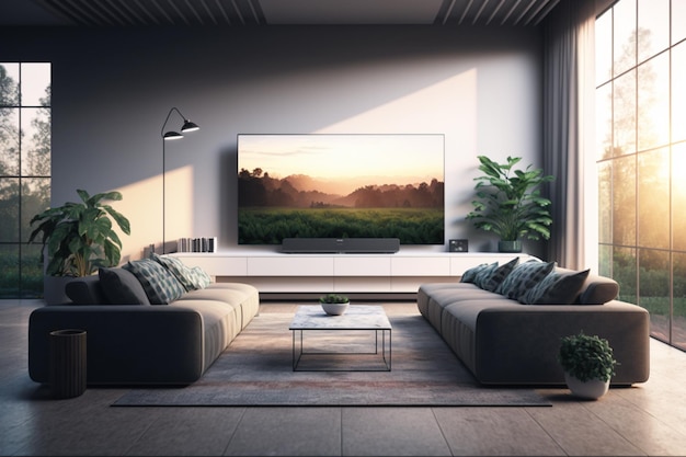 A living room with a tv and a couch with a sunset on the top left corner.
