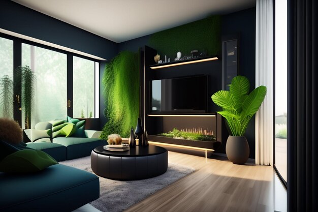 A living room with a tv and a fireplace with a green wall that says'green wall '