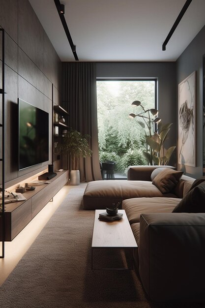 A living room with a tv and a large window.