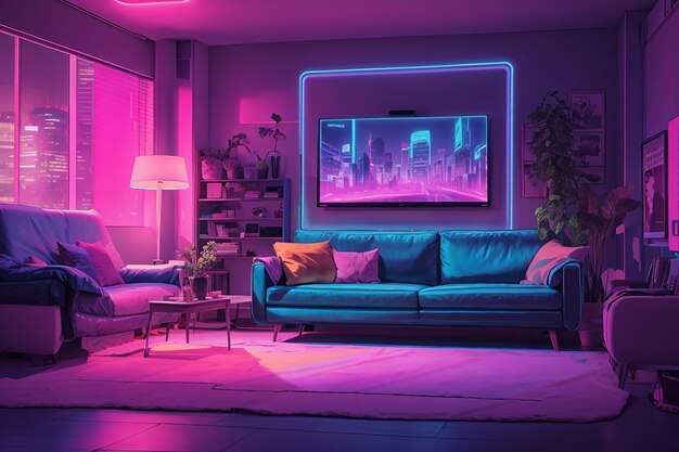 A living room with a tv and a neon lights on the wall