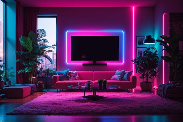 A living room with a tv and a neon lights on the wall