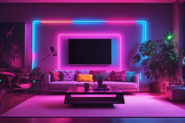 A living room with a tv and a neon lights on the wall