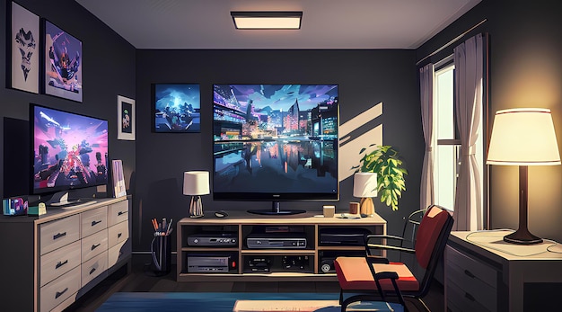 a living room with a tv and a picture of a city on the wall