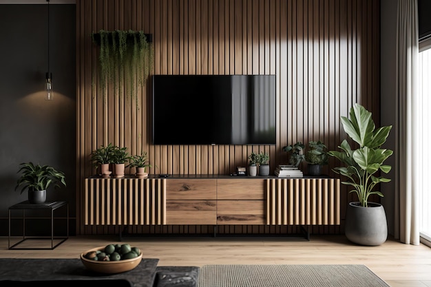 A living room with a tv and a plant on the wall.