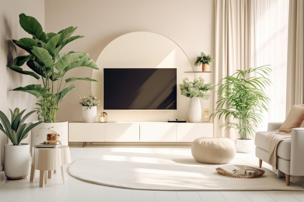 A living room with a tv and a plant on the wall.