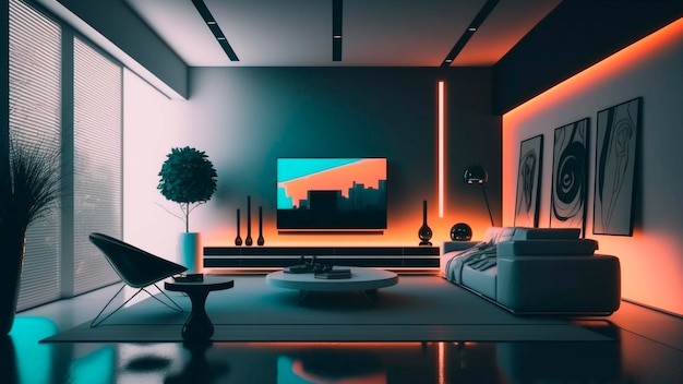 A living room with a tv that has a neon light on the wall.