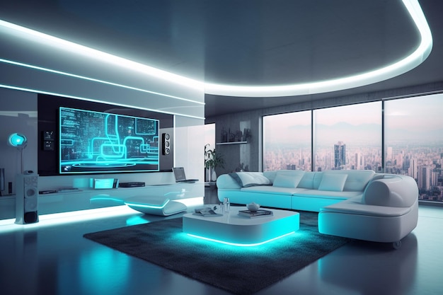 A living room with a tv that says'smart'on it