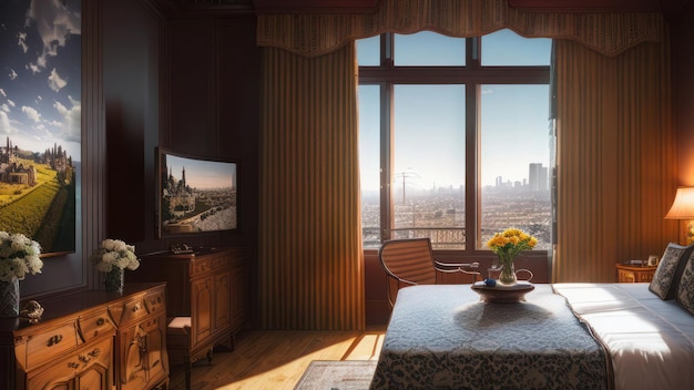 A living room with a tv and a view of the city.