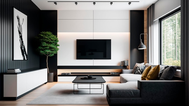 A living room with a tv on the wall and a black and white wall with a plant on it.