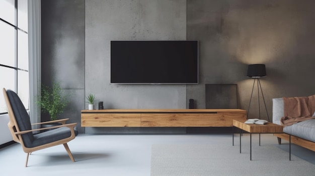 A living room with a tv on the wall and a couch with a chair and a table with a lamp on it.