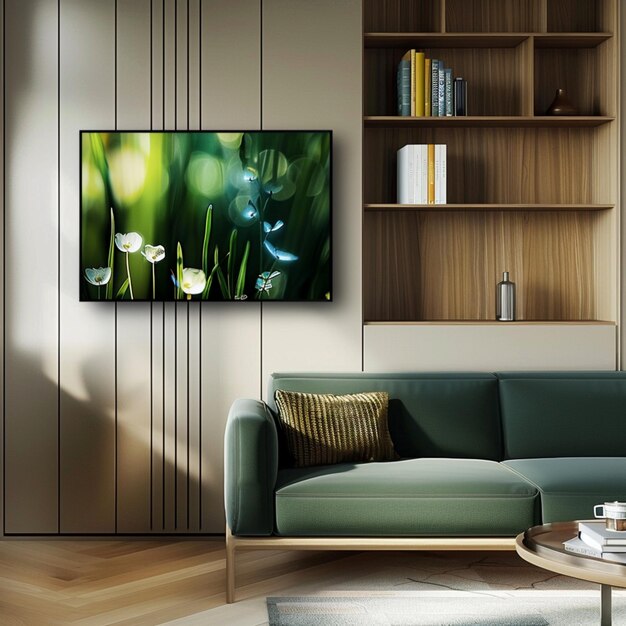 Photo a living room with a tv on the wall and a couch with a green plant on the wall mockup