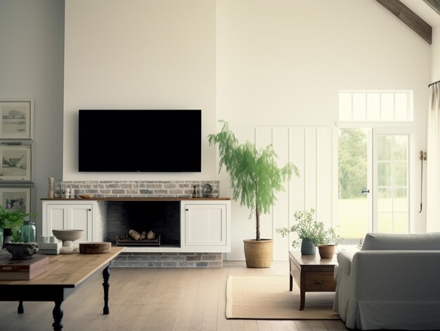 A living room with a tv on the wall and a couch with a plant on it.