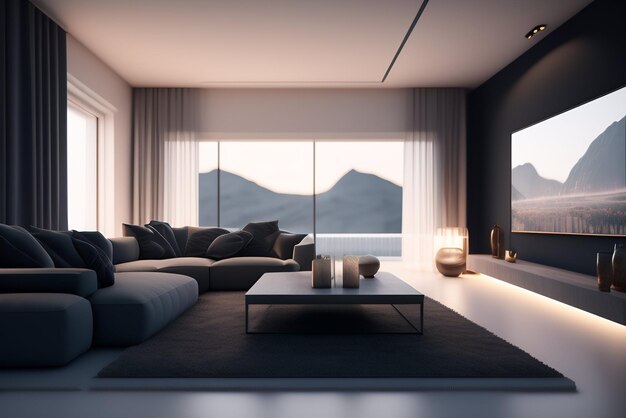 A living room with a tv on the wall and a large window with a mountain view in the background.