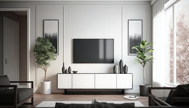 A living room with a tv on the wall and a plant on the wall.