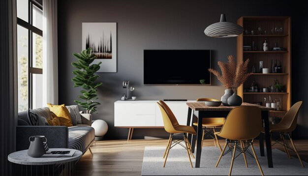 A living room with a tv on the wall and a table with chairs and a tv on the wall.