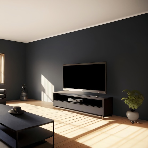 A living room with a tv on the wall and a table with a plant on it.