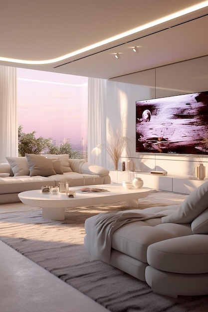 A living room with a tv on the wall that says'the house is on the left side '