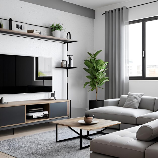 A living room with a tv and a white couch with a plant on the top.