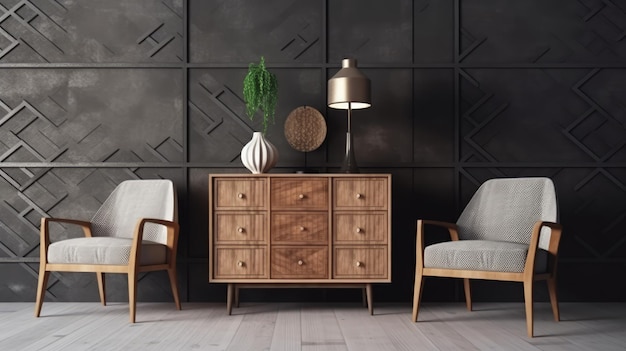 A living room with two chairs and a cabinet with a plant on it.