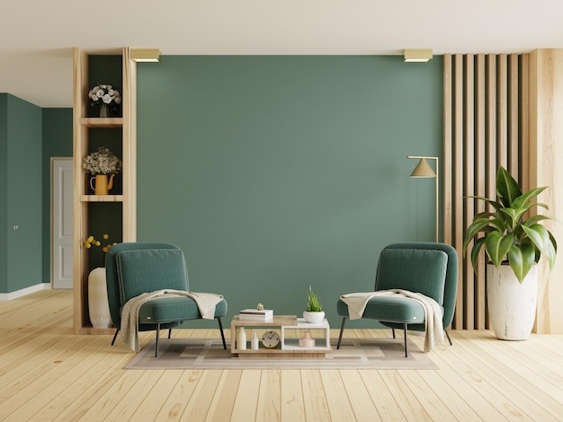 Living room with two green armchair on empty dark green wall background