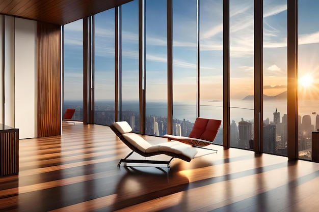 A living room with a view of a city and a chair.