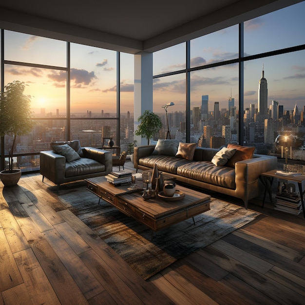 a living room with a view of the city and the city skyline.