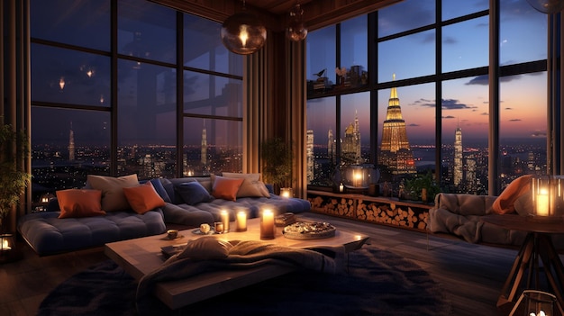 A living room with a view of the city at night.