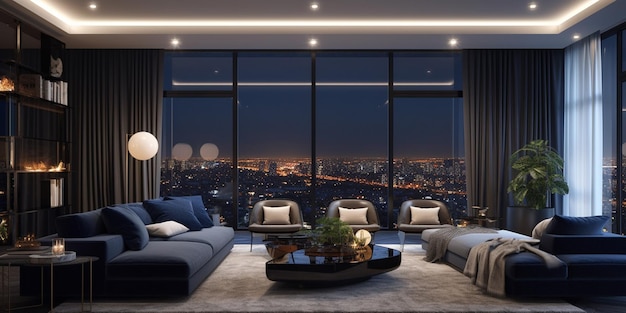 A living room with a view of the city at night.