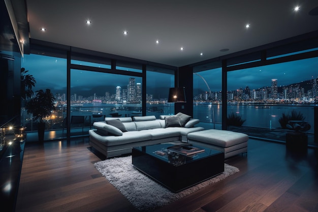 A living room with a view of the city at night.