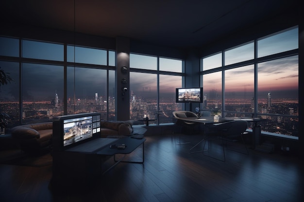 A living room with a view of the city at night.