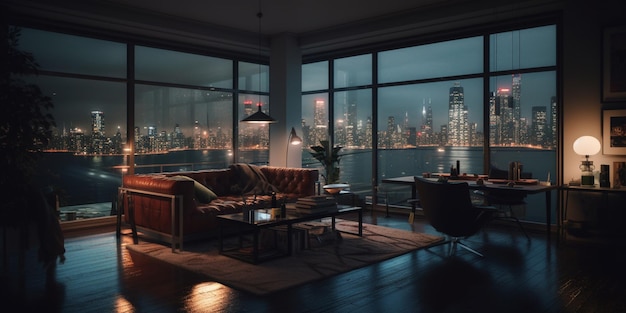 A living room with a view of the city at night.