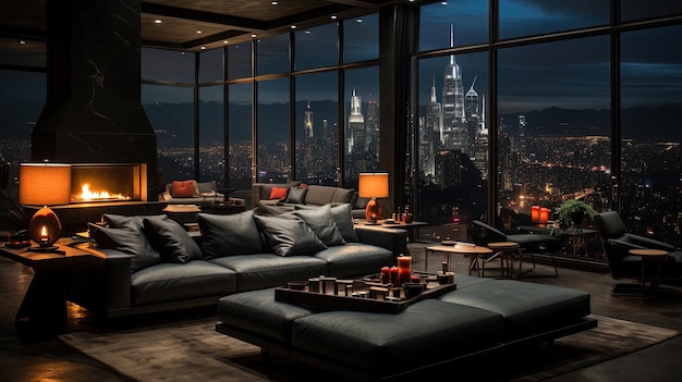 a living room with a view of the city skyline