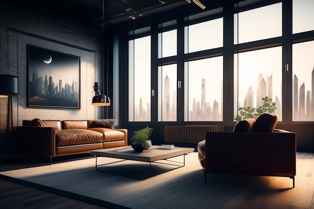 A living room with a view of the city skyline.