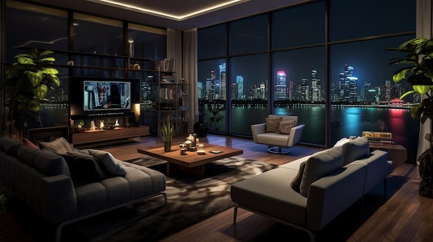 A living room with a view of the city skyline.