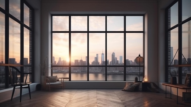 A living room with a view of the city skyline.