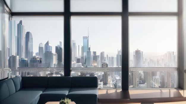 A living room with a view of the city skyline.