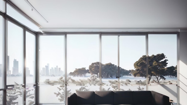 A living room with a view of the city skyline.