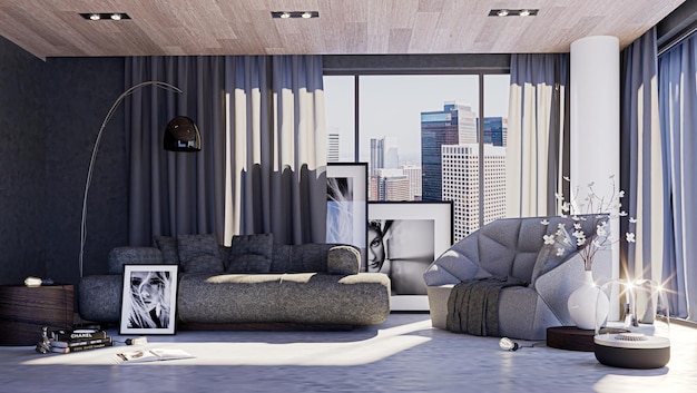 A living room with a view of the city skyline.