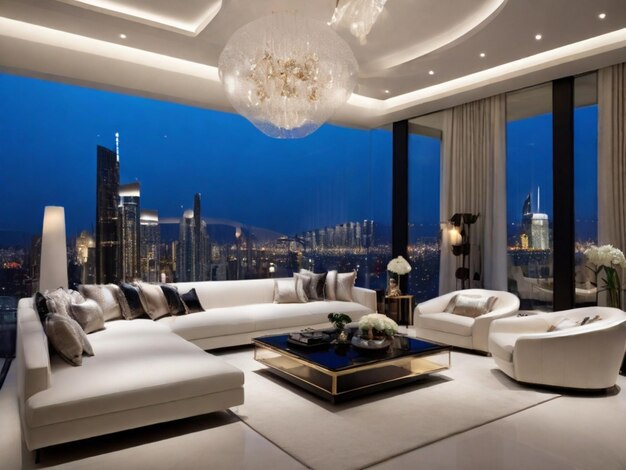 a living room with a view of the city skyline