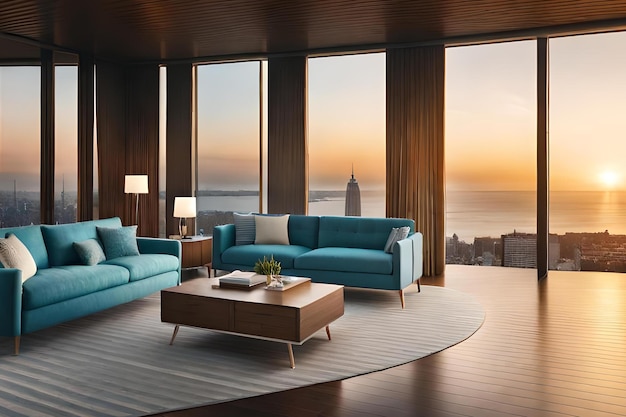 A living room with a view of the city skyline.